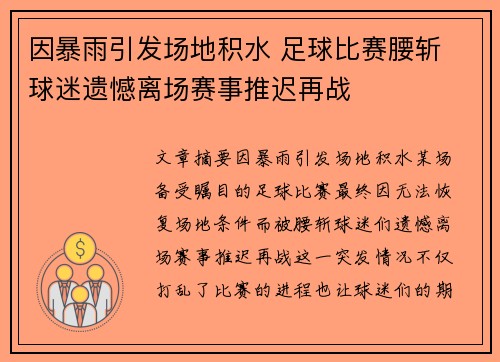 因暴雨引发场地积水 足球比赛腰斩 球迷遗憾离场赛事推迟再战