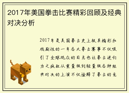2017年美国拳击比赛精彩回顾及经典对决分析